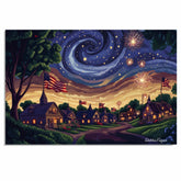 4th of July Fireworks, Flags & Swirled Sky Village Scene – Decorative Patriotic Art on Ready to Hang 1.5" Thick Canvas Wrap, Floating Framed Canvas, Flat Rolled Canvas
